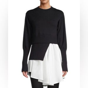 Avantlook Black Layered Crewneck Sweater with White Shirt Hem